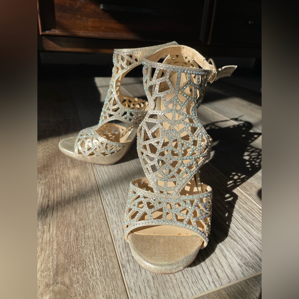 Gold Jessica Simpson heels with faux crystals